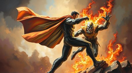 A captivating oil painting showcases a superhero, cape flowing dramatically, locked in a whimsical battle against a comically