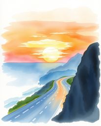 This is a delicate watercolor painting of a sunset sky over a winding coastal highway. The use of translucent washes and flui