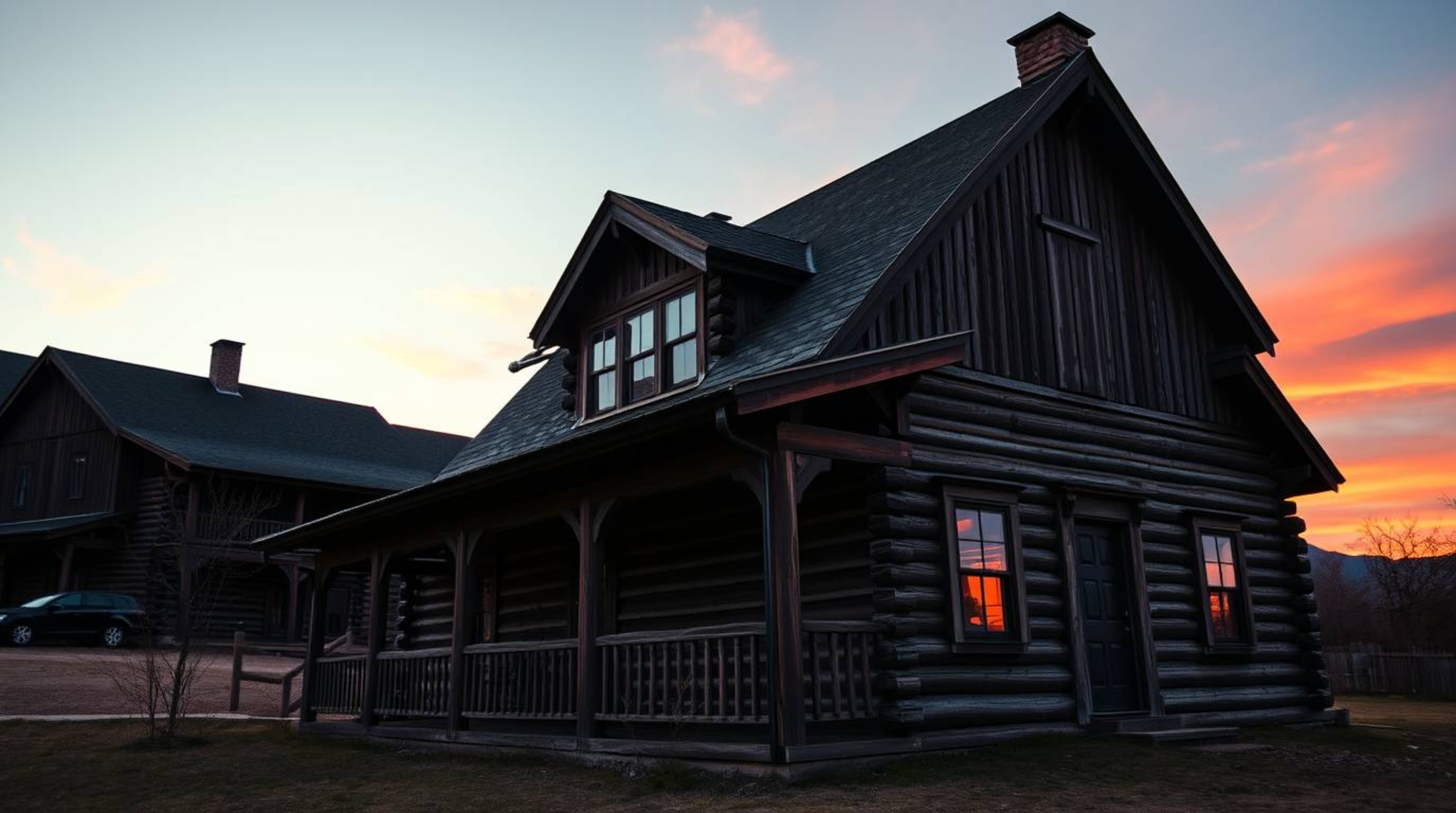 Stunning architectural photography showcasing an old wooden cabin bathed in the warm hues of sunset.  The image highlights ri