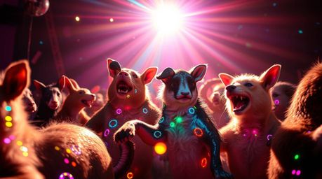 Experience a dazzling animal dance party bursting with iridescent colors, bright lens flares, and vibrant reflections from di