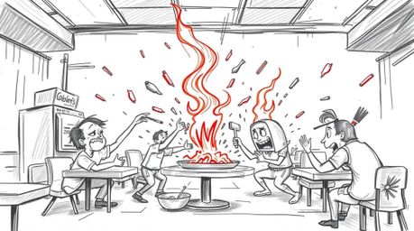 A chaotic and creatively rendered hand-drawn sketch depicts a wild food fight erupting within a cartoon cafeteria.  The scene