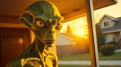 A captivating oil painting bathed in the warm light of the golden hour depicts a cinematic scene of an alien with scaly green