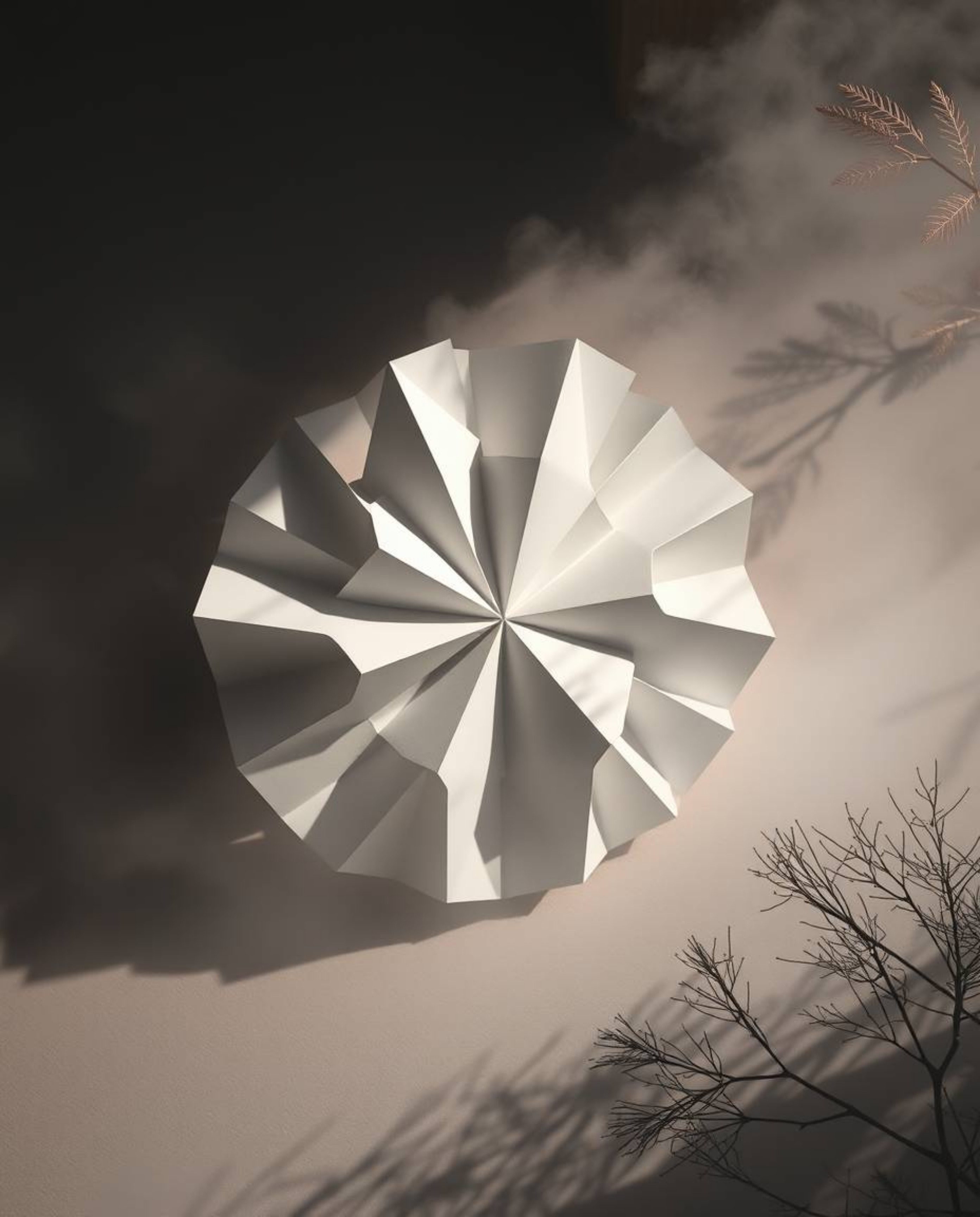 A captivating monochrome photograph depicts a 3D geometric pattern resembling folded paper, dramatically enhanced by shadow p