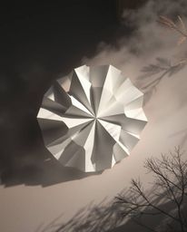 A captivating monochrome photograph depicts a 3D geometric pattern resembling folded paper, dramatically enhanced by shadow p