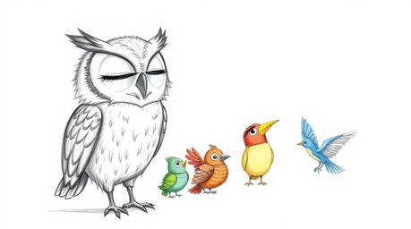 A hand-drawn sketch in the style of Pixar depicts a heartwarming scene: a blind owl with expressive, closed eyes, patiently t