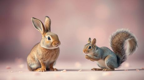 A charming scene featuring a talking rabbit and squirrel duo getting into mischief amidst a pastel-colored landscape. The ima