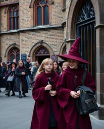 Capture the enchanting world of young wizards outside their magical school with candid street photography.  Rich burgundy and