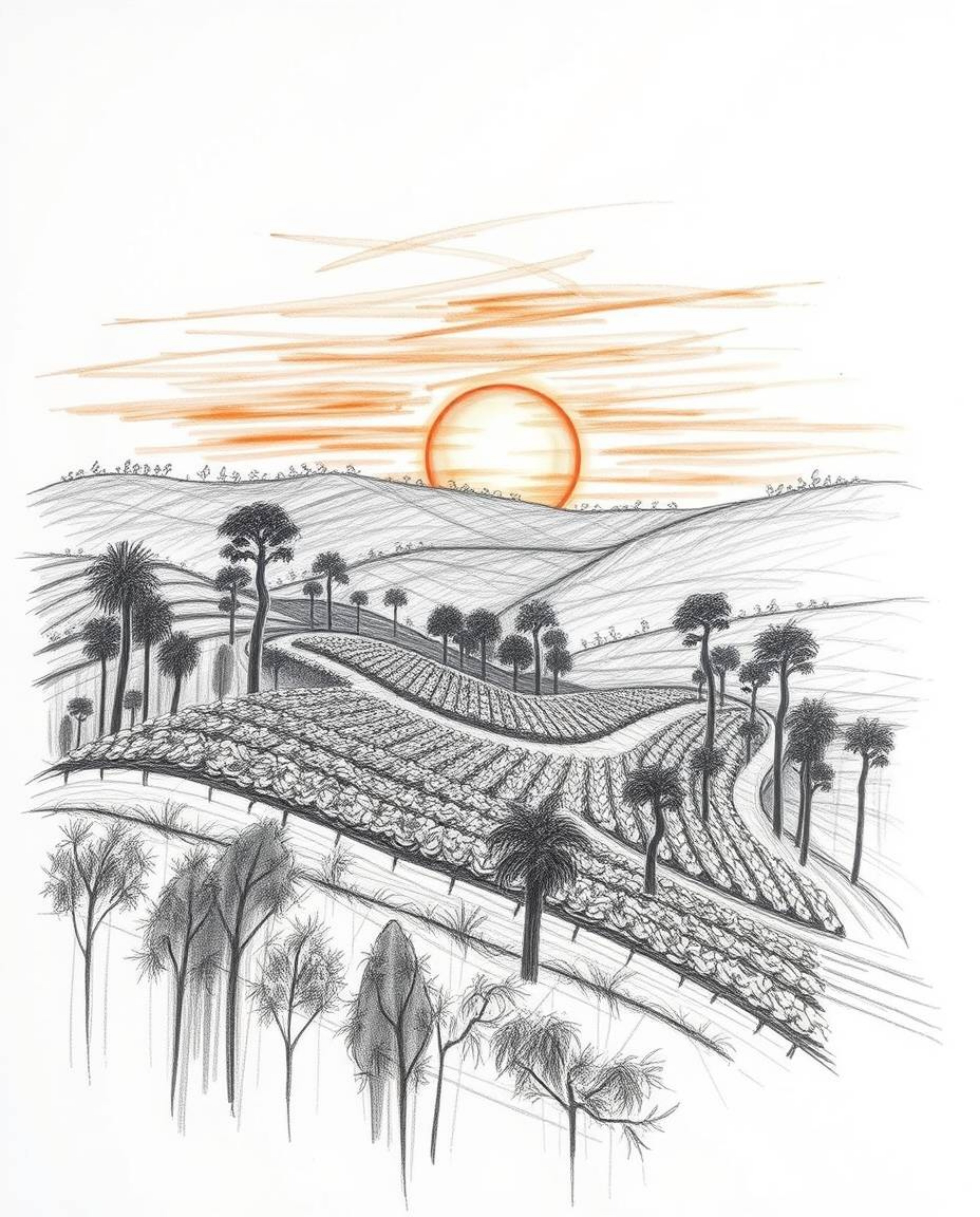 An epic hand-drawn sketch of a sunset over terraced tea plantations, featuring rough charcoal lines and textured pencil shadi