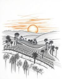 An epic hand-drawn sketch of a sunset over terraced tea plantations, featuring rough charcoal lines and textured pencil shadi