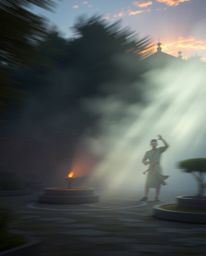 Dynamic motion blur, volumetric lighting effect depicting a serene Zen garden at sunset, light beams piercing through fog, ac