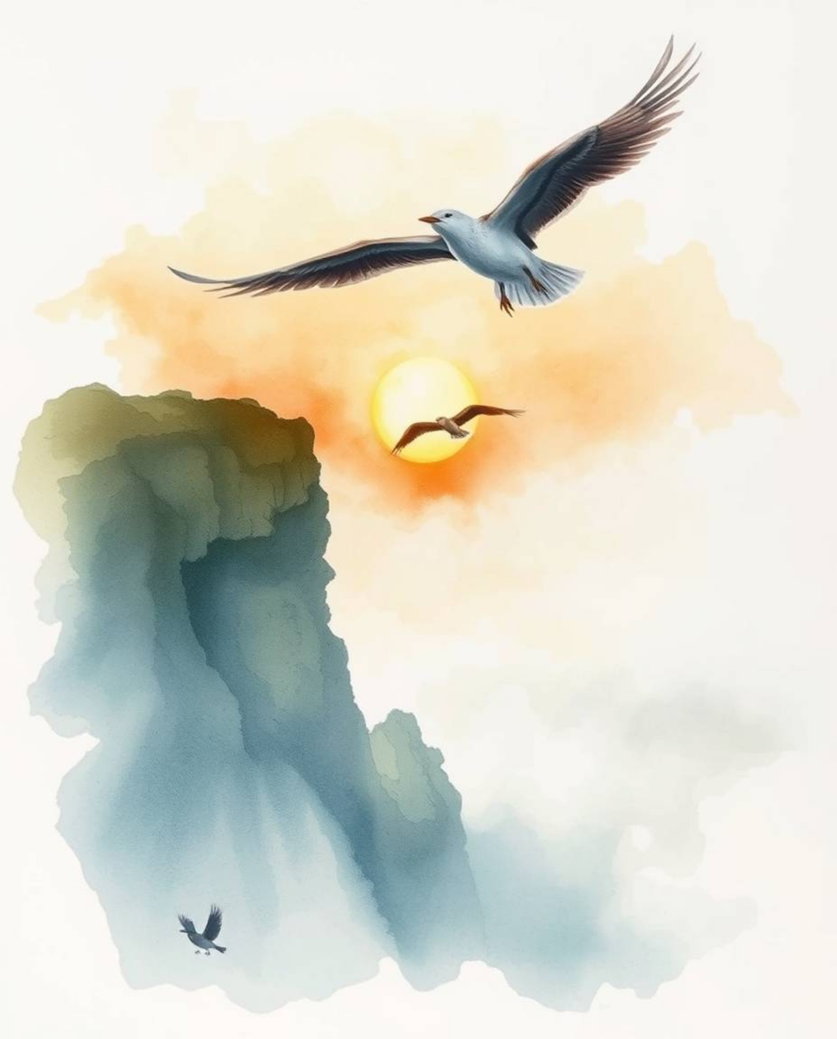 A delicate watercolor painting captures a serene coastal cliff sunset, with the graceful silhouettes of soaring birds. The ar