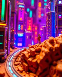Explore the intricate detail of sculptural clay art depicting a futuristic city in glitch mode. This extreme macro close-up r