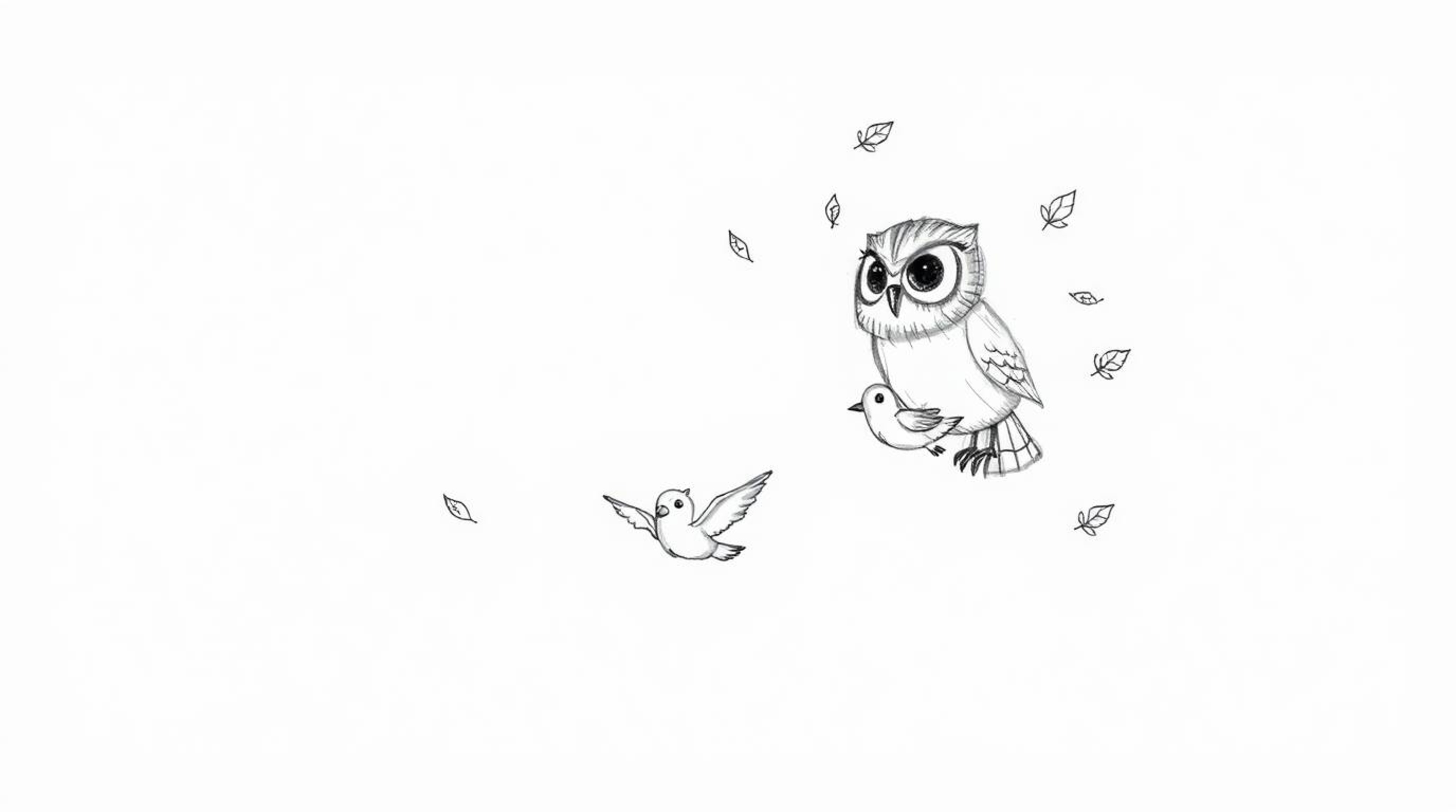 A whimsical, hand-drawn sketch in a Pixar-esque style depicts a blind owl with subtly textured feathers guiding fledgling bir