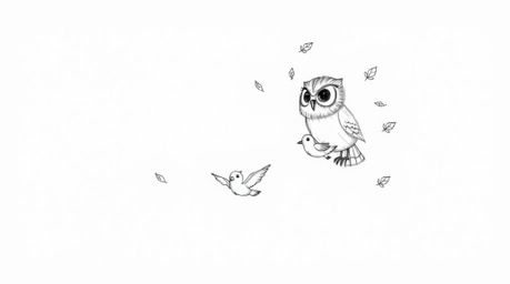 A whimsical, hand-drawn sketch in a Pixar-esque style depicts a blind owl with subtly textured feathers guiding fledgling bir