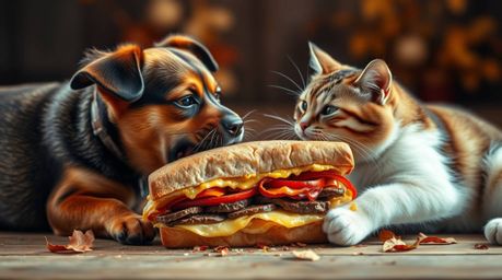 A comical scene unfolds as a dog and cat engage in a playful battle over a gigantic sandwich, bathed in warm autumnal colors 