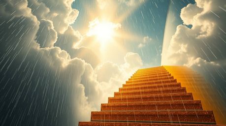 A captivating high-angle shot depicts a golden staircase ascending through rain-filled clouds towards a radiant heaven. Sunli