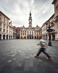A precise architectural color photograph captures a dynamic, in-motion empty town square featuring ticking clocks, blurred li