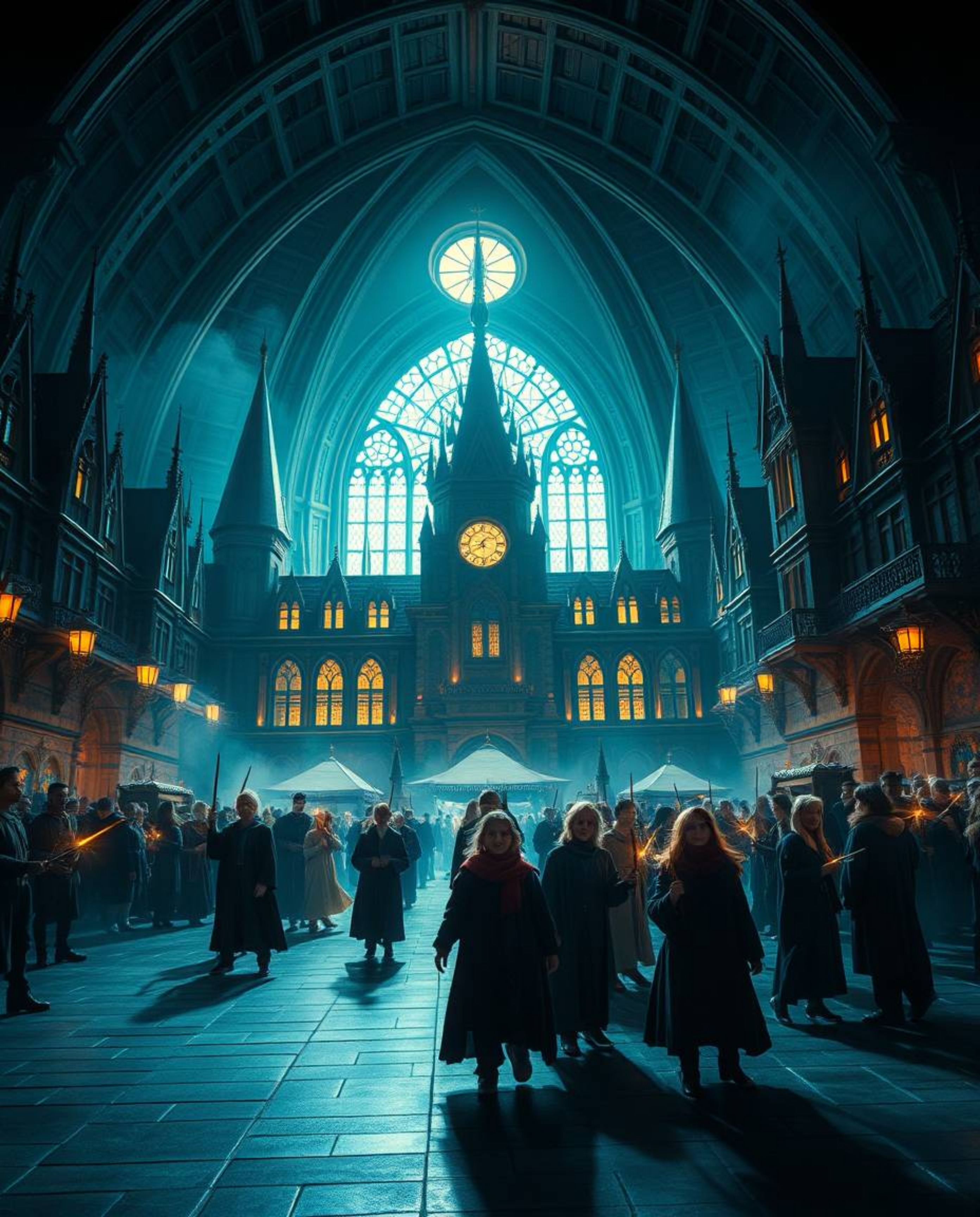 Immerse yourself in an epic and amazing scene featuring a grand, magical school brimming with young wizards, bathed in stunni
