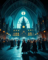 Immerse yourself in an epic and amazing scene featuring a grand, magical school brimming with young wizards, bathed in stunni