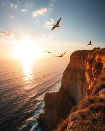 From a high angle perspective, this image showcases a stunning sunset over a coastal cliff, illuminated by a warm golden glow
