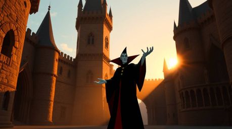 A classic Disney villain is captured in a mesmerizing scene, casting a spell within the ancient walls of a castle. Bathed in