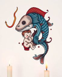 A vibrant, retro-style art print showcasing a heartwarming scene of a sea creature befriending a child. This symbolic traditi