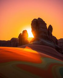 Creative light art depicts a stunning sunset illuminating sandstone cliffs, featuring bright, vibrant colors that form captiv