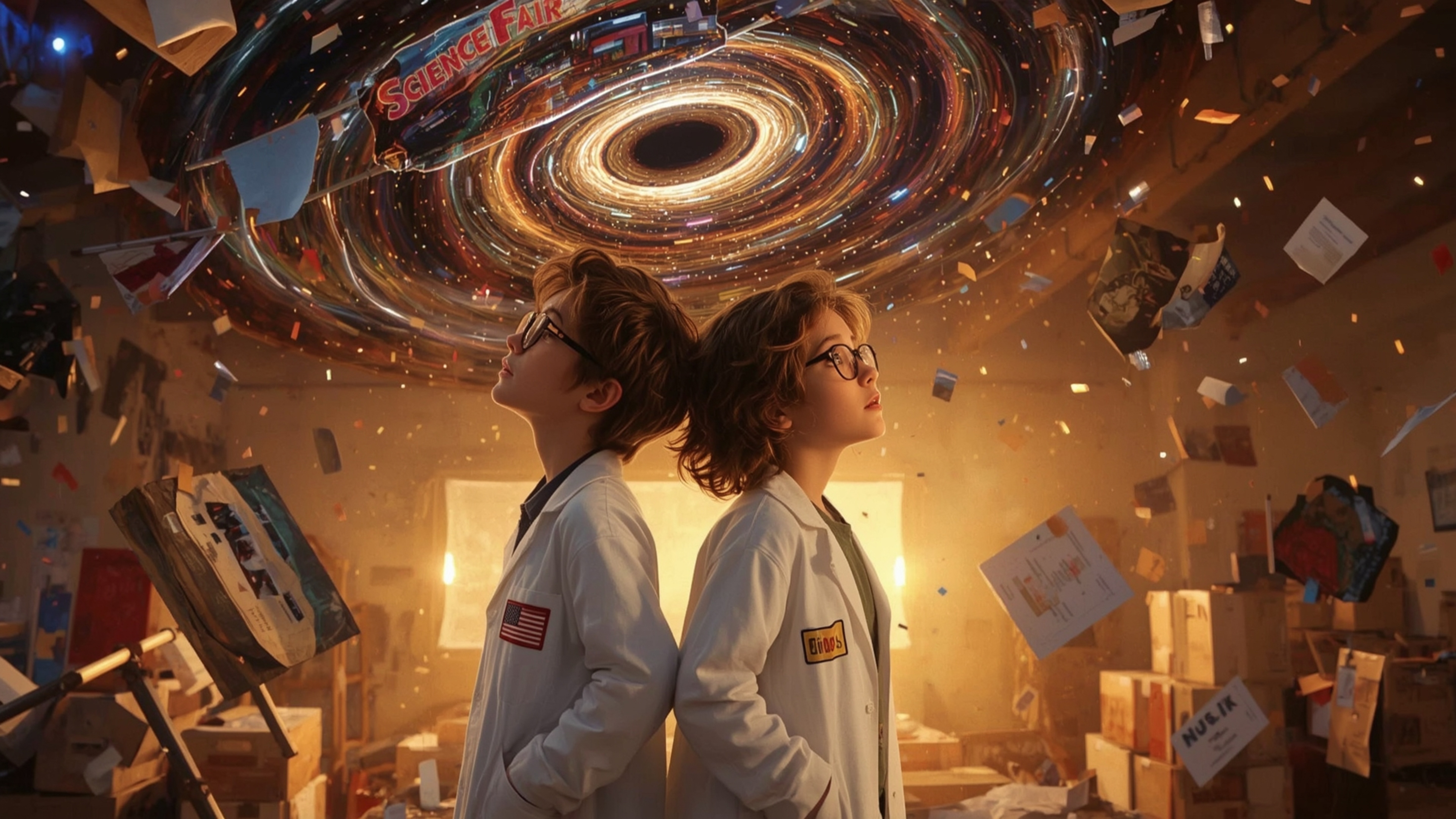 In a vibrant, cinematic photograph rendered in a hyper-realistic, Pixar-inspired style, a dynamic science fair duo unwittingl