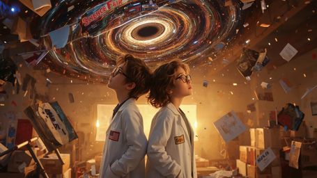 In a vibrant, cinematic photograph rendered in a hyper-realistic, Pixar-inspired style, a dynamic science fair duo unwittingl