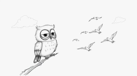 A whimsical, hand-drawn sketch in the style of Pixar depicts a gentle, blind owl with soft feathers and large, expressive eye