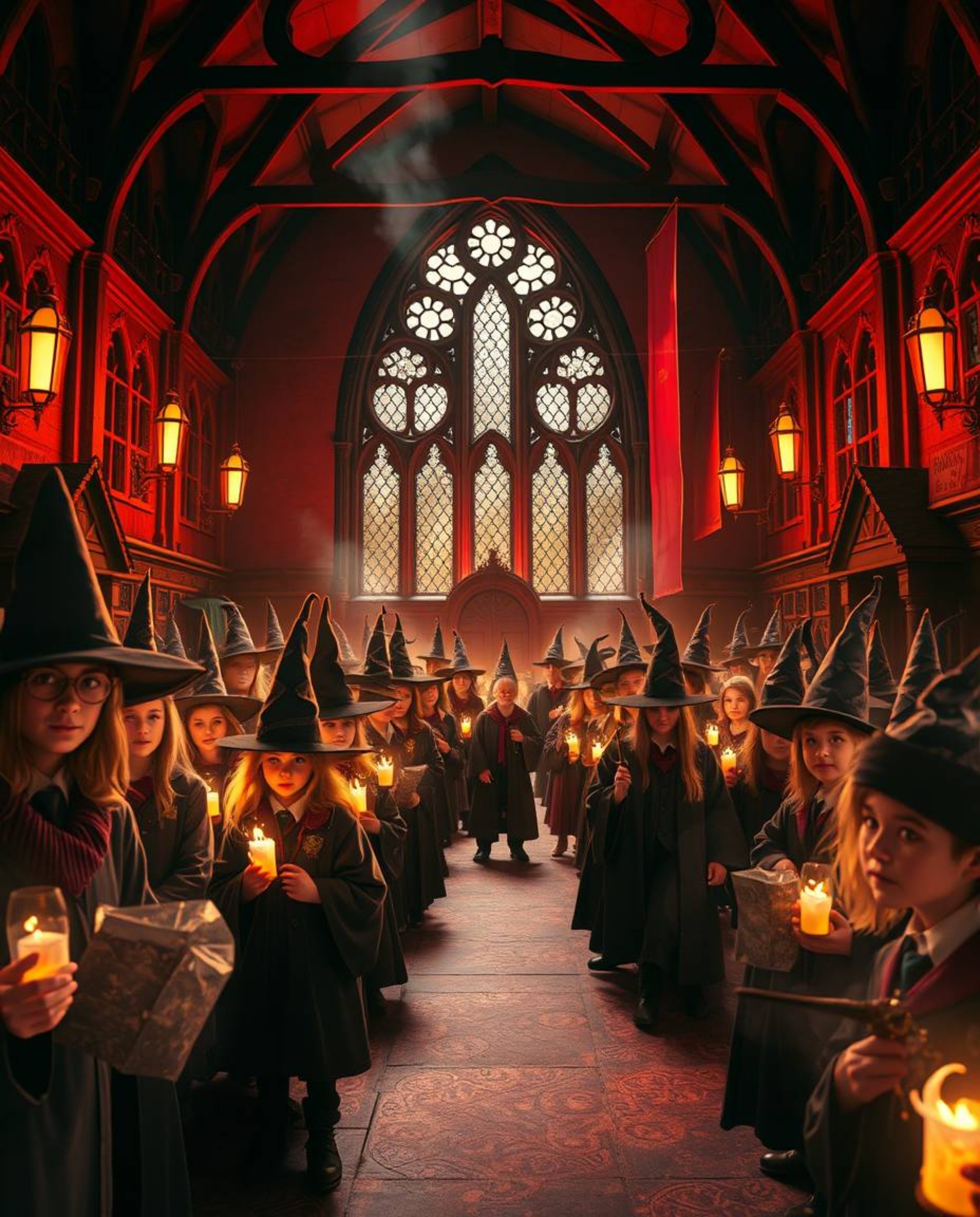 Discover a breathtaking cinematic depiction of a magical school brimming with young wizards.  Rendered in warm reds, oranges,