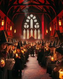 Discover a breathtaking cinematic depiction of a magical school brimming with young wizards.  Rendered in warm reds, oranges,