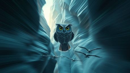 A stunning long-exposure photograph in a Pixar style showcases a blind owl guiding a flock of birds through a majestic canyon