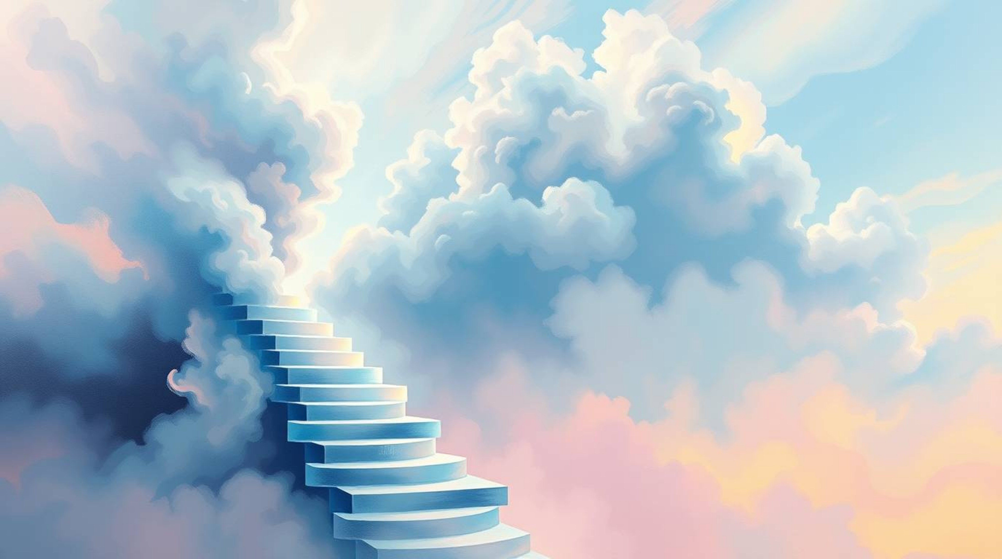This bold acrylic painting, rendered in soft pastel colors, depicts a winding stairway formed from smoke and light gracefully