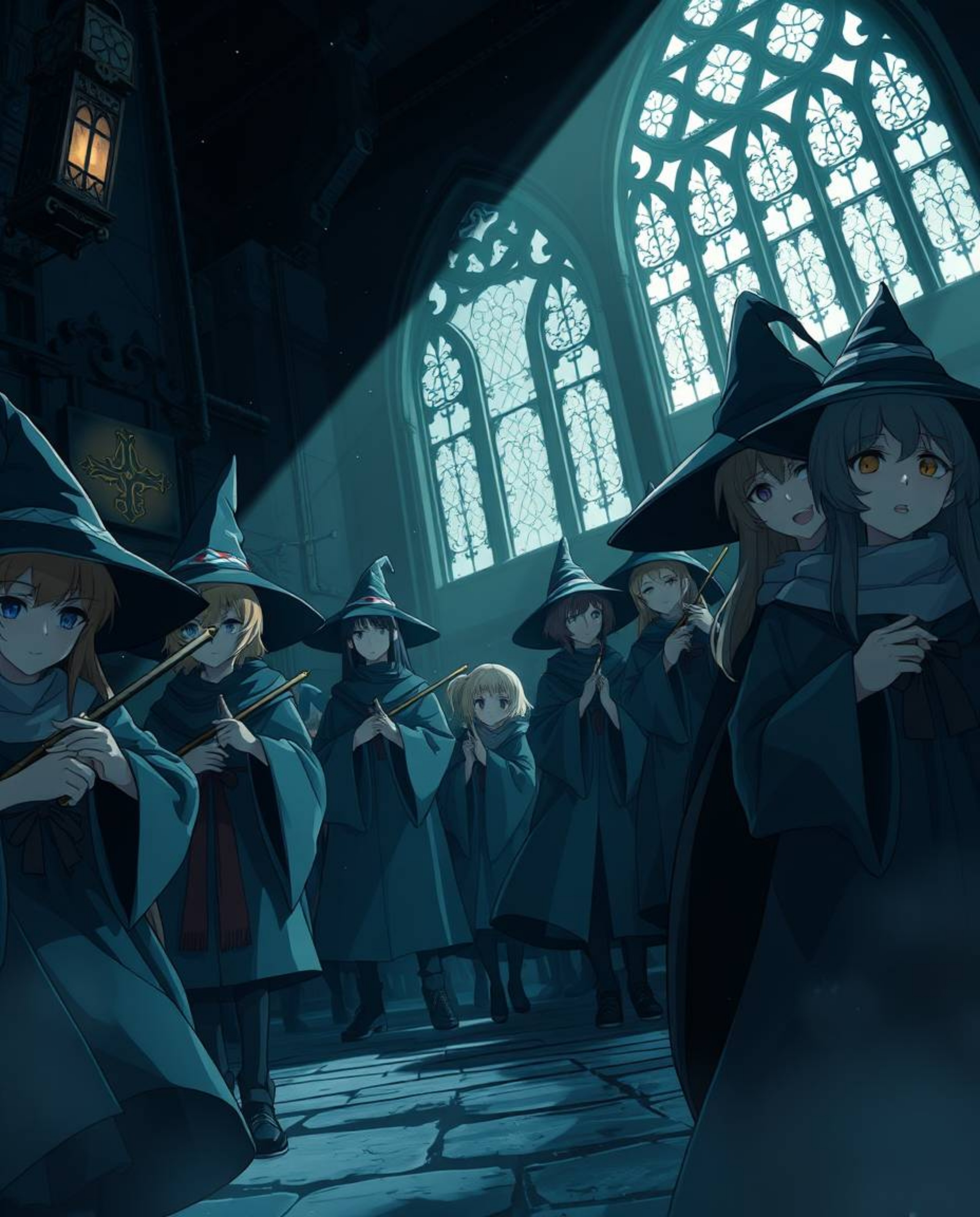 This artwork showcases a high-contrast, low-key lighting Isekai anime style, depicting a magical school brimming with express