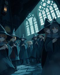 This artwork showcases a high-contrast, low-key lighting Isekai anime style, depicting a magical school brimming with express