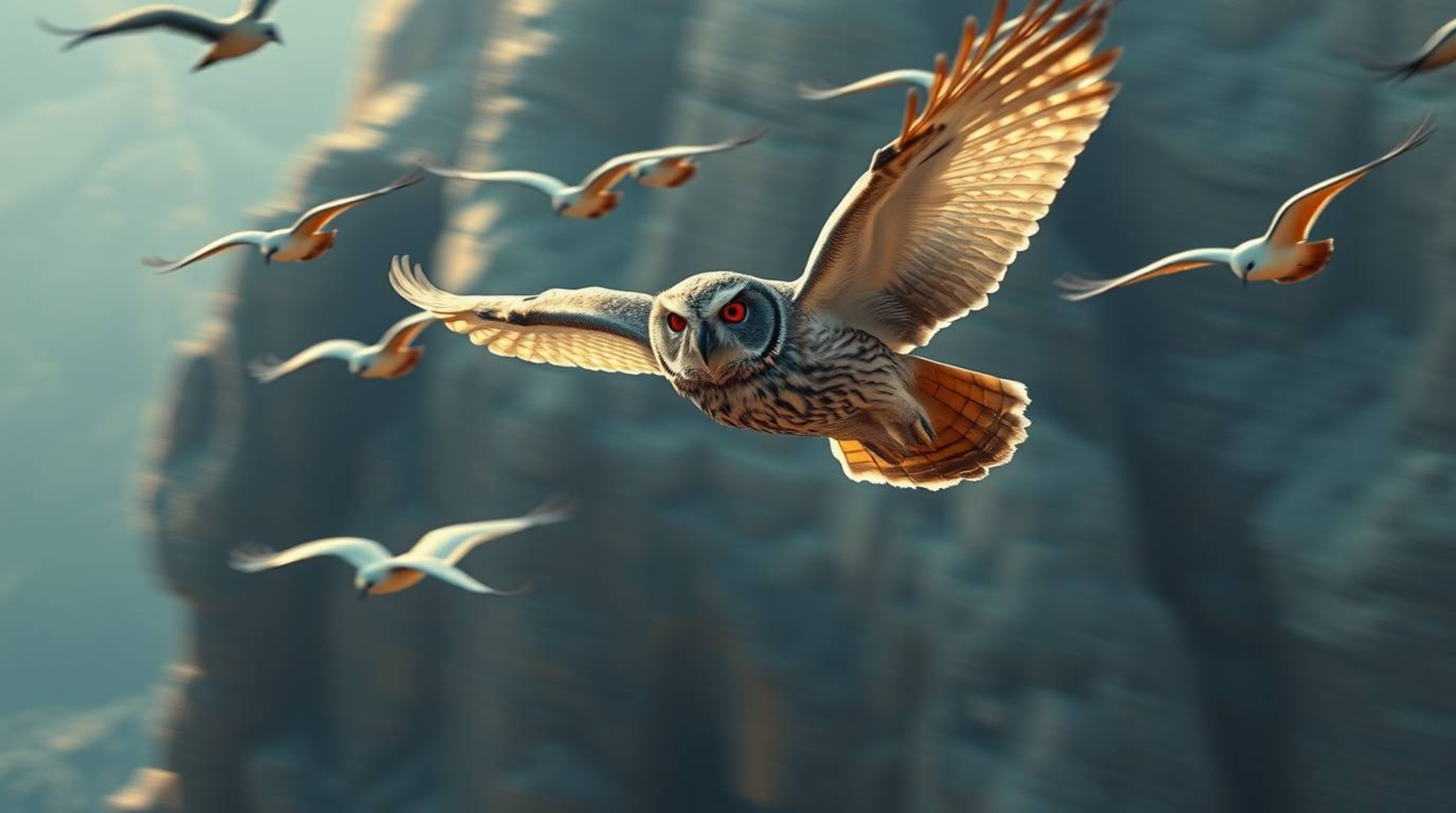 This stunning photorealistic painting, illuminated by soft cinematic lighting, captures a blind owl with gentle features guid
