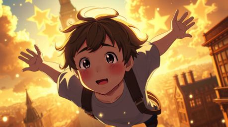 A captivating isekai anime-style illustration depicts a young boy with rosy cheeks joyfully flying above London, sprinkled wi