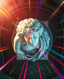 A striking overhead bird's-eye view showcases a classical sculpture transformed by a colorful glitch effect and digital corru