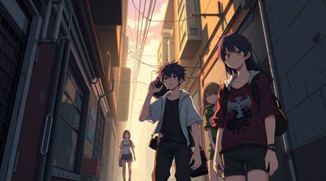 Explore a captivating isekai anime style illustration set in a grungy city alley.  Rebellious teens populate the scene, bathe