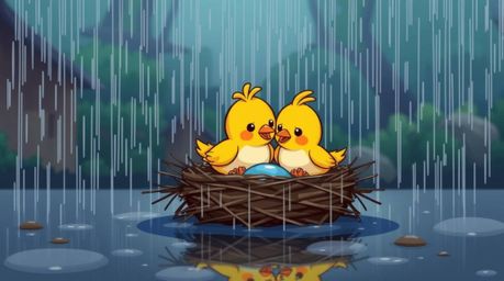 Delightful animation showcasing two charming cartoon birds diligently constructing their nest amidst a gentle, drizzling rain