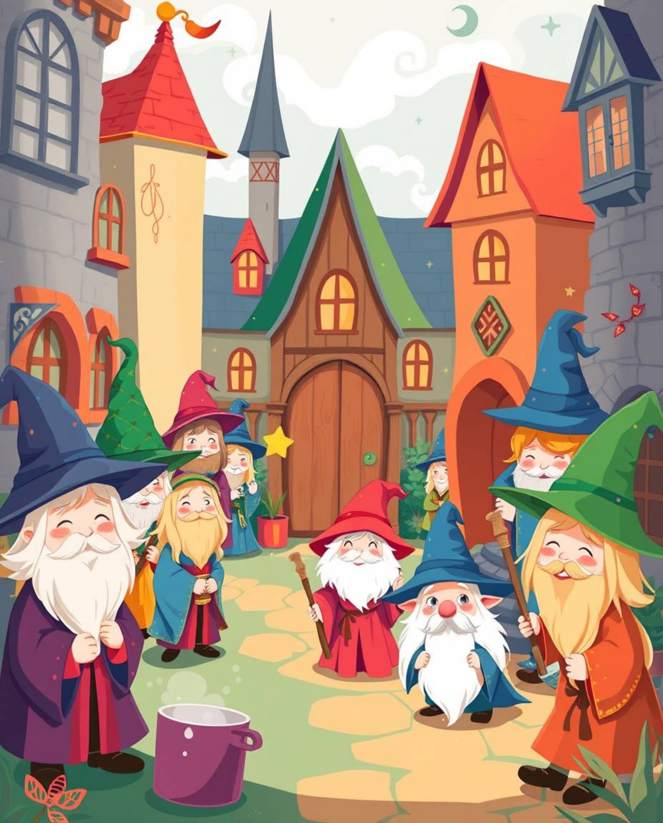 Discover a charming illustration of an adorable magical school brimming with young wizards!  This whimsical artwork features 