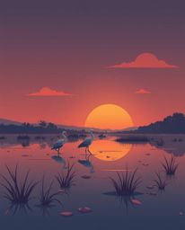 A modern flat design illustration of a Golden hour wetlands scene with herons, distinguished by its use of surreal infrared t