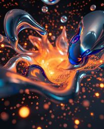 This high-angle photograph captures the mesmerizing movement of glassy, fluid 3D shapes gracefully dancing amidst a vibrant c