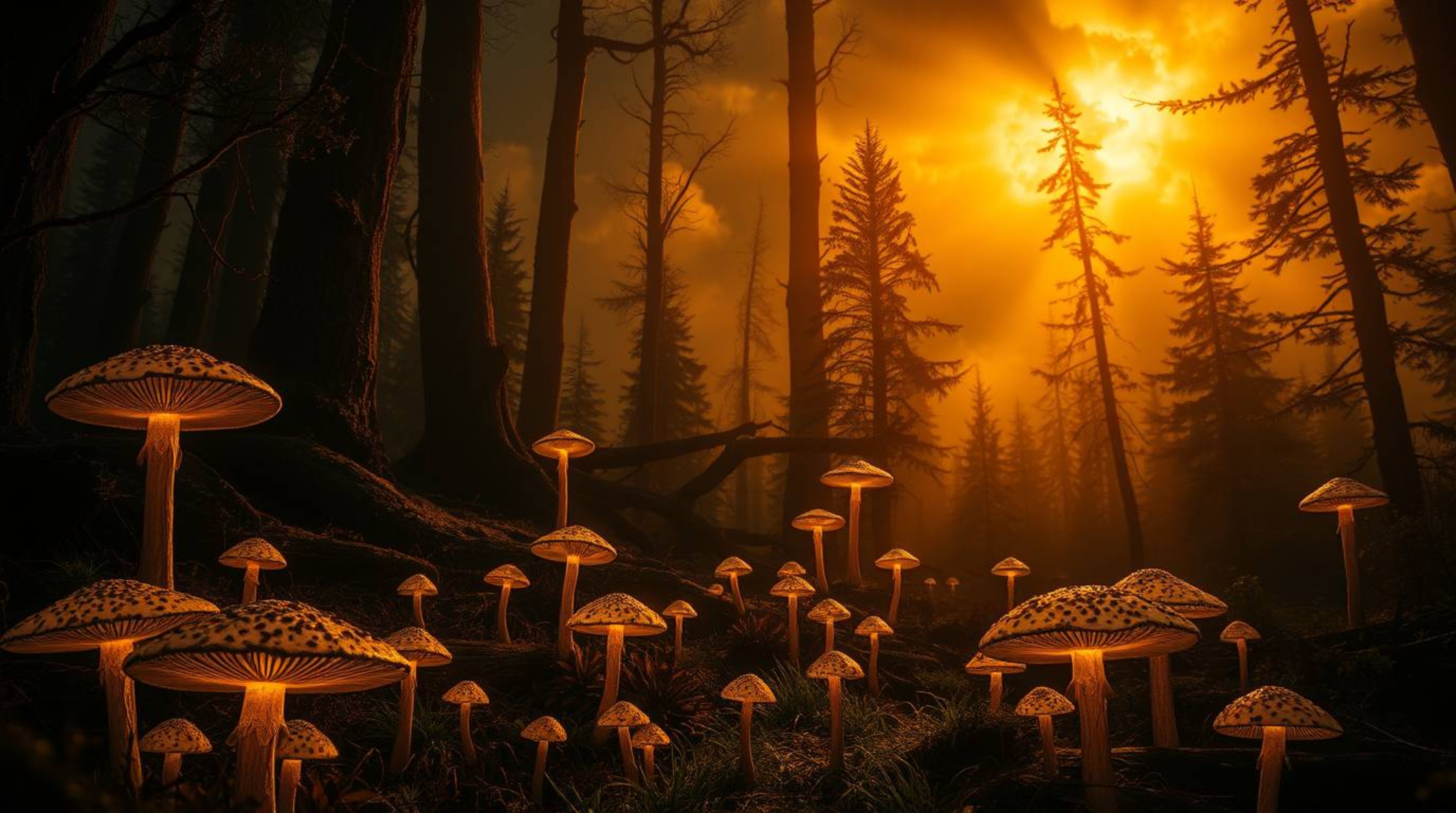 Step into a vintage-style enchanted forest where glowing mushrooms illuminate a path through dark, stormy skies. The scene i
