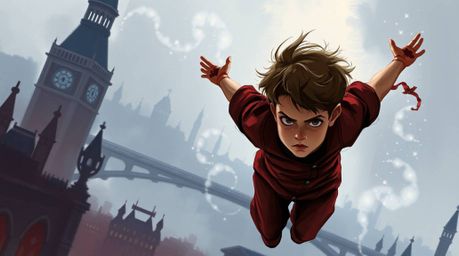 A captivating digital sketch depicts a young boy, his face set with determination, soaring above a misty London skyline prope