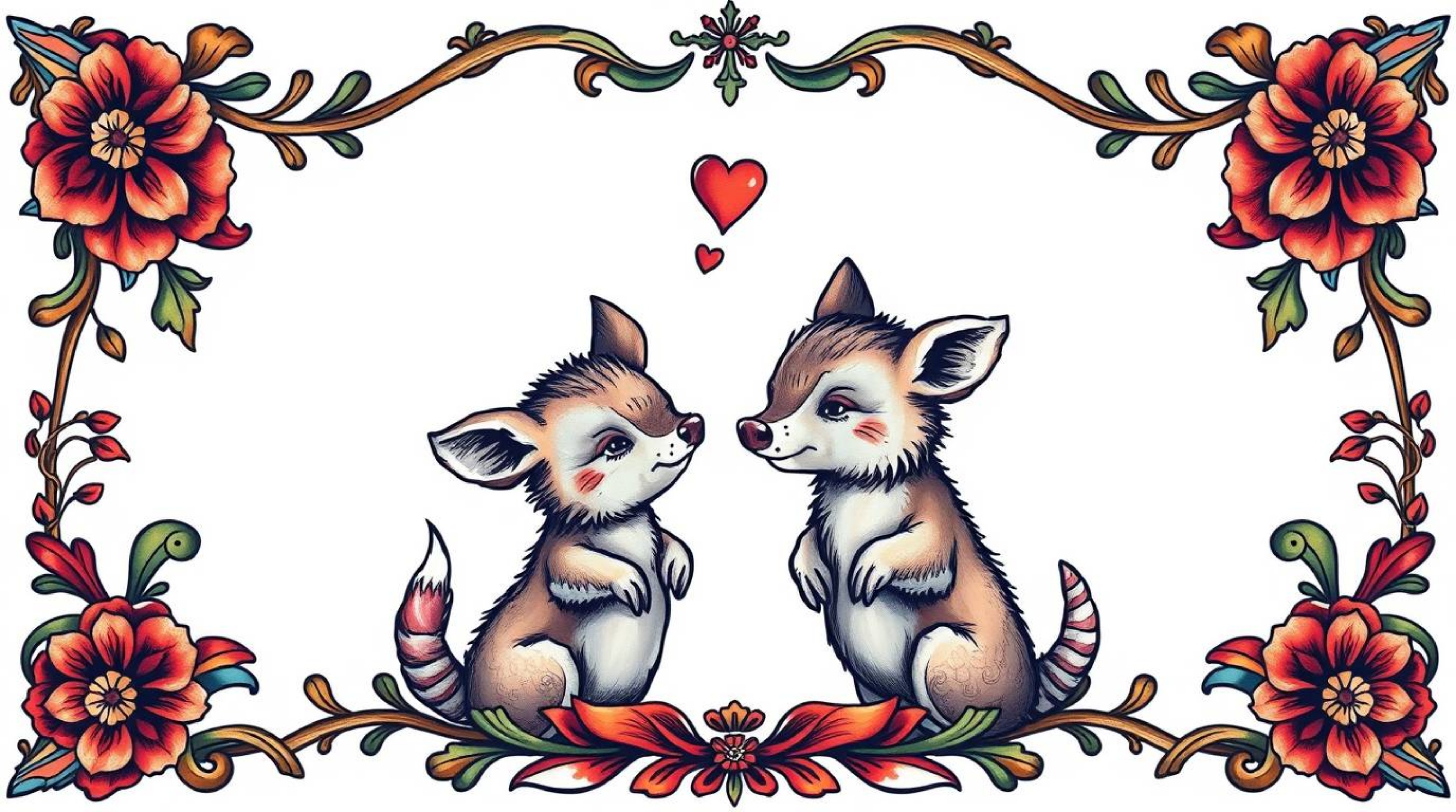 This soft and dreamy traditional tattoo art print on a white background features two mischievous talking animals framed by a 