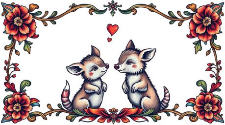 This soft and dreamy traditional tattoo art print on a white background features two mischievous talking animals framed by a 