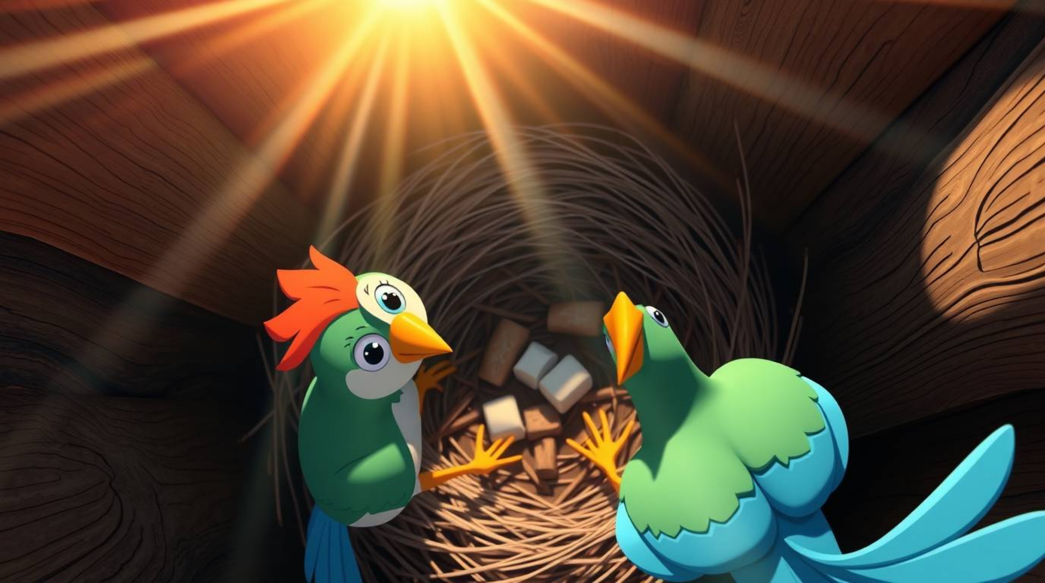 A charming overhead view showcases two cartoon birds diligently constructing their nest in a vibrant classic animation style.