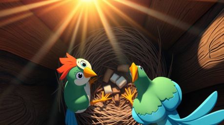 A charming overhead view showcases two cartoon birds diligently constructing their nest in a vibrant classic animation style.